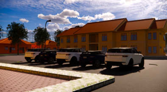 3D rendering of modern high-rise building with glass façade and complex geometric shapes