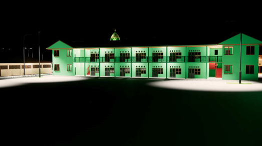 3D rendering of modern high-rise building with glass façade and complex geometric shapes